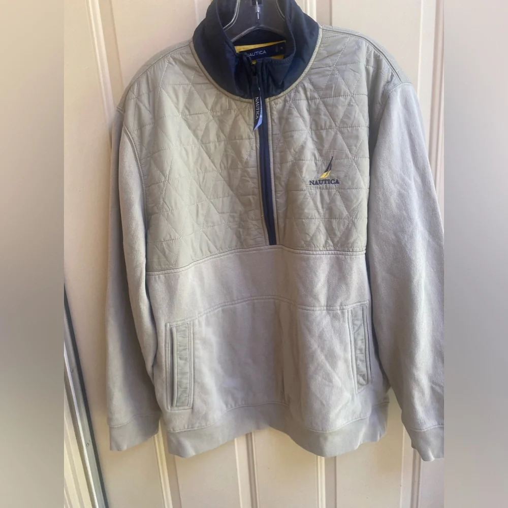 Nautica 3/4 Zip Pull Over Cotton/Nylon Beige Sz XL Logo on pull & Frnt. EUC
